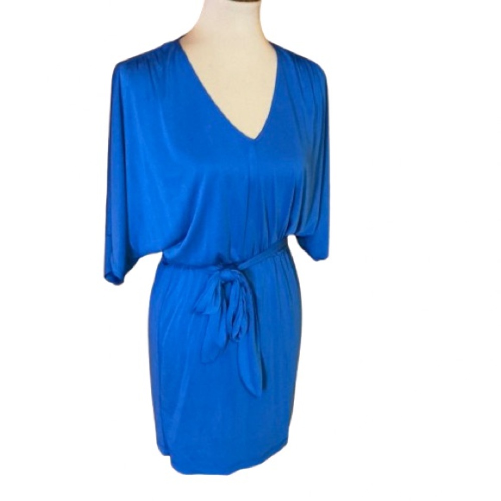 Lush blue v neck slinky belted mini dress